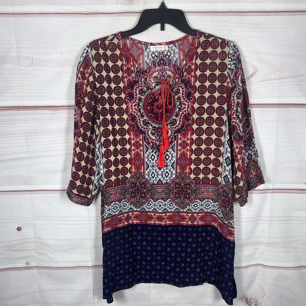 Kyla Seo Tunic Top Womens S Blue Red Boho Medallion Tassel 3/4 Sleeve Viscose